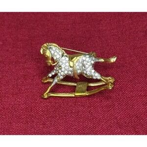 Vintage‎ 90s Gold Tone & Rhinestone 3D Rocking Horse Brooch Pin